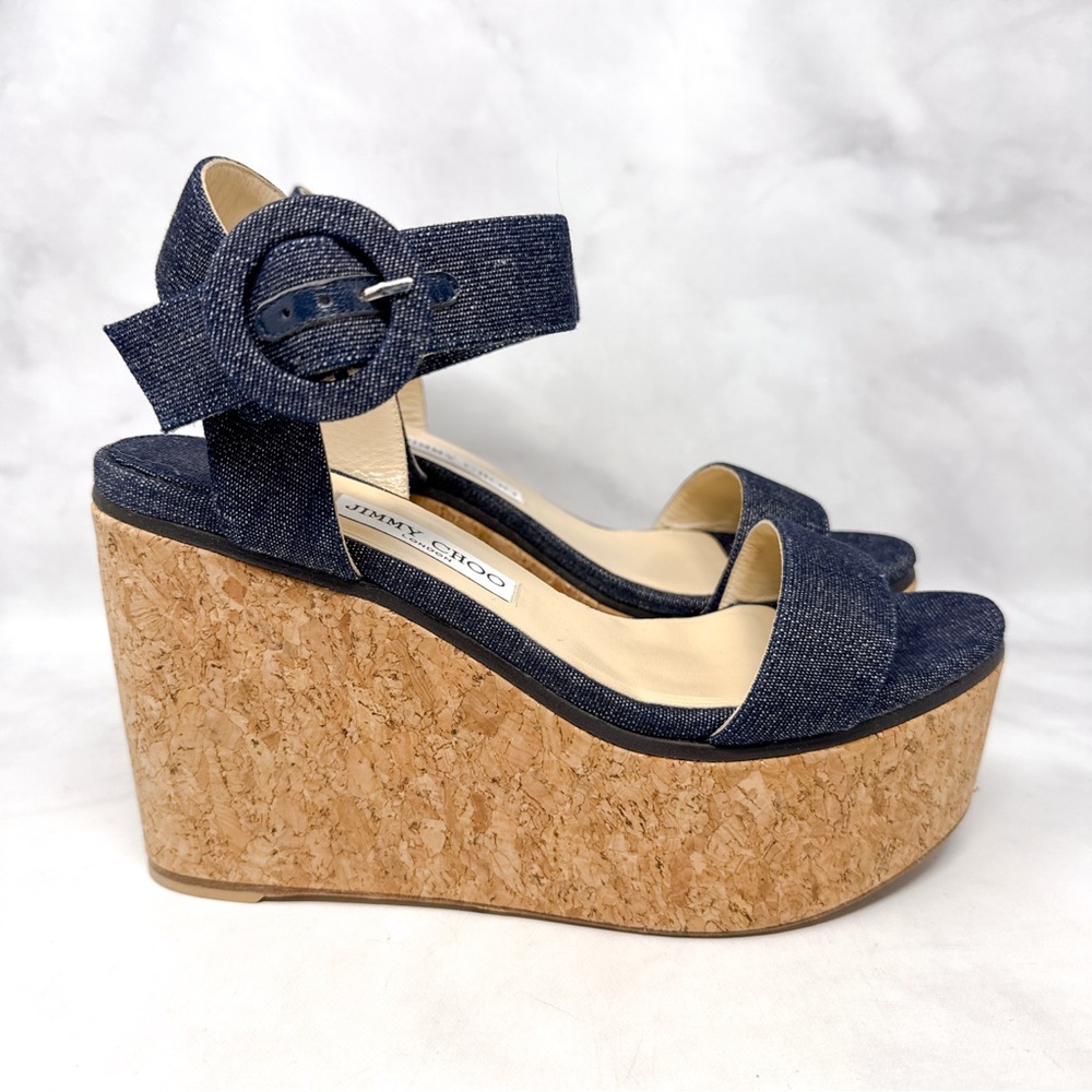 Jimmy Choo Abigail Denim Chambray Chunky Platform Cork Wedge Sandal Heels 39